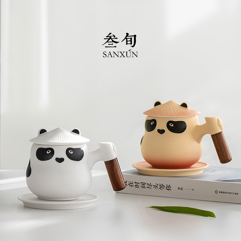 叁旬熊猫可爱泡茶马克杯创意陶瓷茶水分离杯子男女办公室过滤水杯