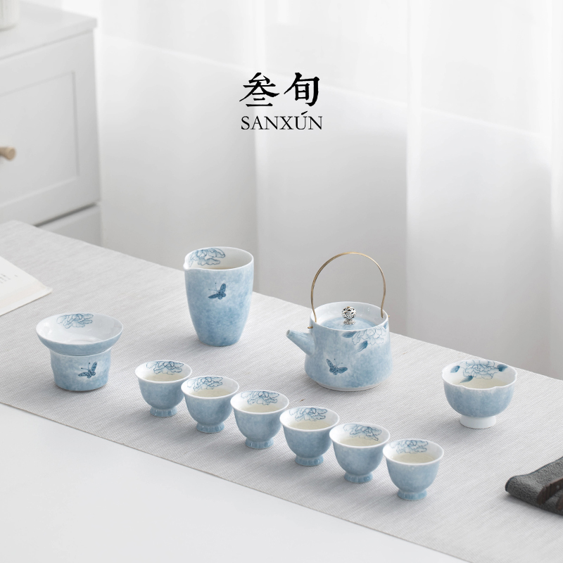 叁旬手绘蝶恋花提梁壶功夫茶具套装整套家用高档轻奢陶瓷套组礼盒
