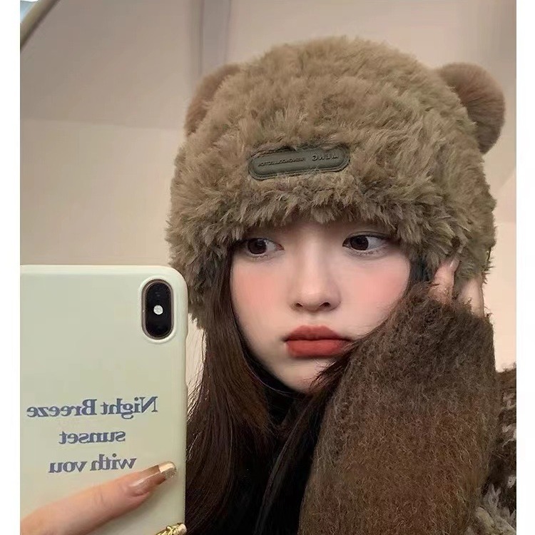 毛线帽秋冬女保暖加绒时尚帽子百搭新款针织帽韩版小熊可爱冷帽厚