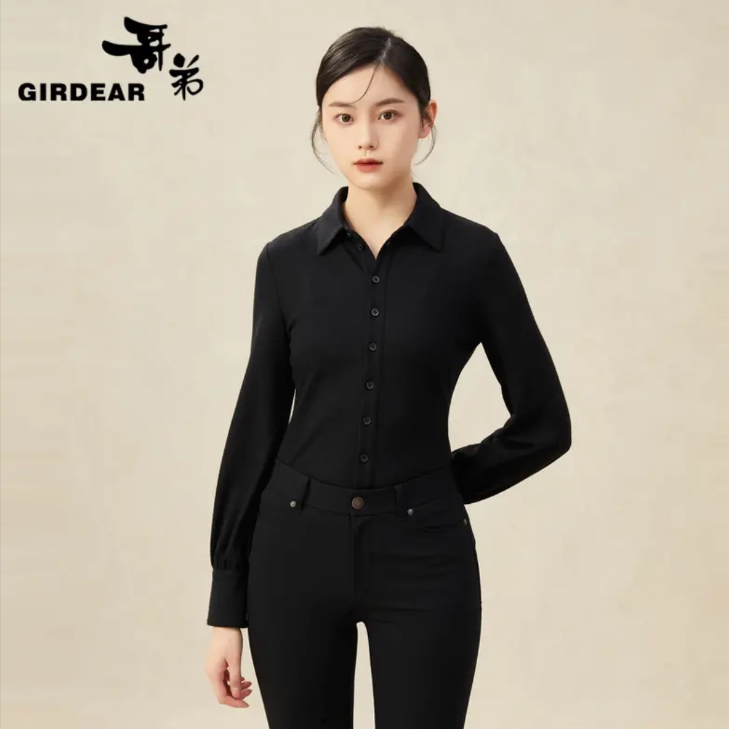 【商场同款】哥弟新款收腰灯笼袖羊毛衬衫1300742黑色衬衣