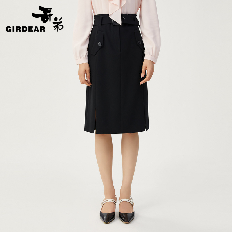 GIRDEAR/哥弟女装半身裙腰封时尚黑色高腰系带半身裙长款1200134