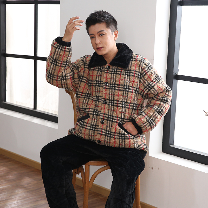 三昌睡衣男冬季加厚加绒珊瑚绒时尚三层夹棉男士睡衣家居服法兰绒