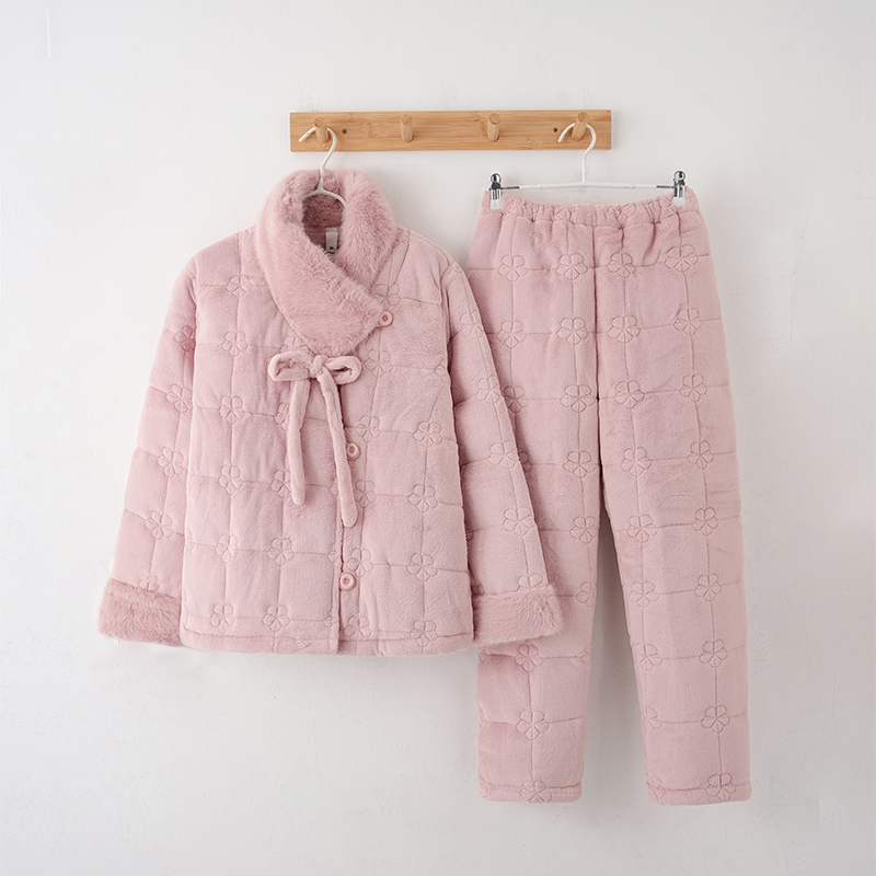 三昌睡衣女冬三层夹棉珊瑚绒秋冬加绒新中式可外穿甜美家居服套装