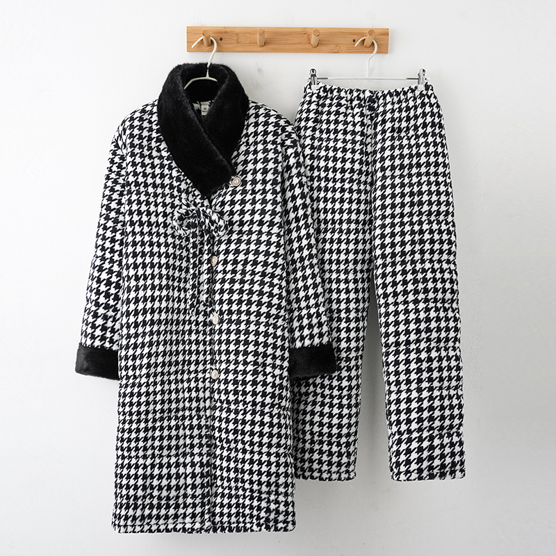 三昌千鸟格睡衣女冬加绒加厚太妃绒三层夹棉中长款女士甜美家居服