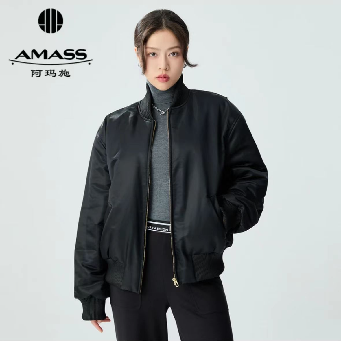 AMASS/阿玛施秋冬新款简约时尚拉链束口机车棉服外套女5400824