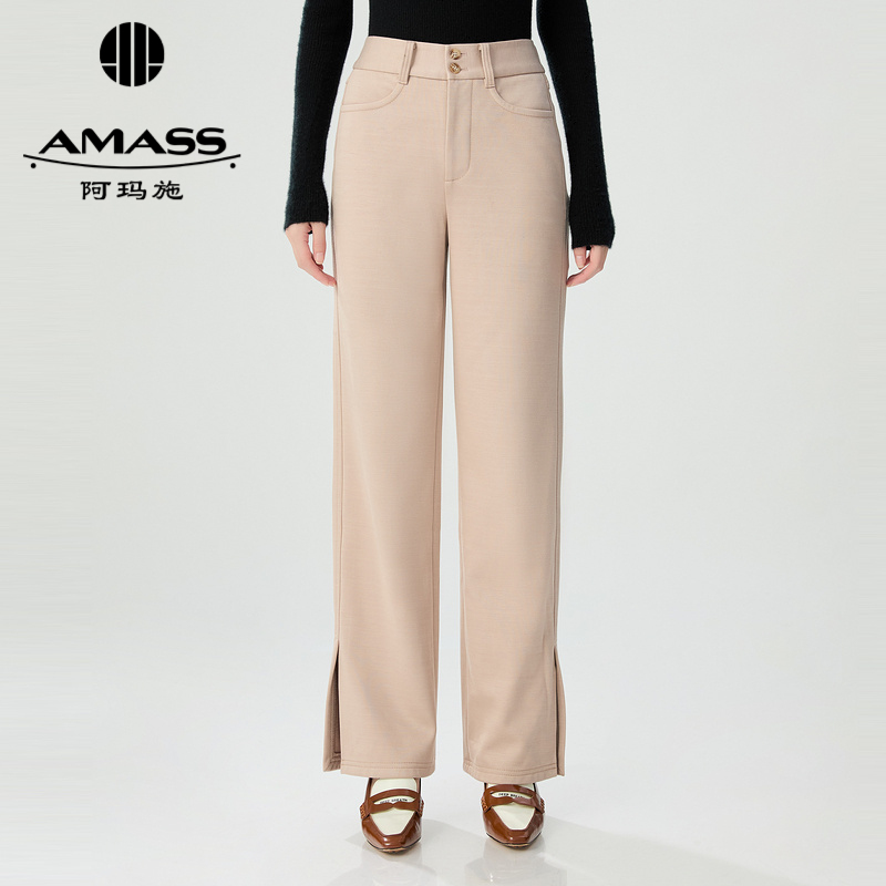 AMASS/阿玛施秋冬新款高腰直筒加绒款显瘦开叉直筒裤子5100417
