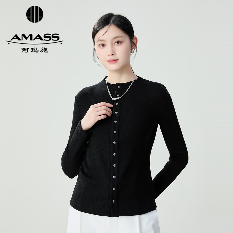 AMASS/阿玛施市集绵羊毛基础款小立领排扣纯色长袖针织衫5301016