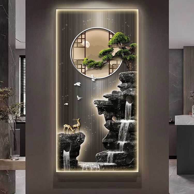 【玄关画】迎客松大气立体装饰画走廊过道入户玄关画晶瓷镶钻装饰画
