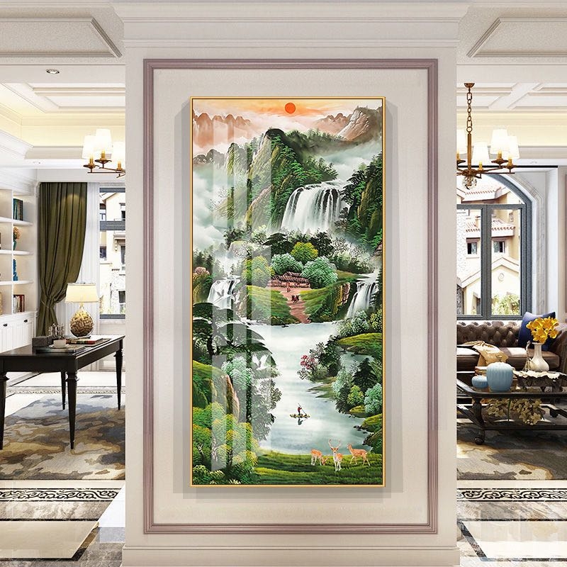 【玄关画】新中式玄关山水画走廊过道入户玄关画晶瓷镶钻装饰画