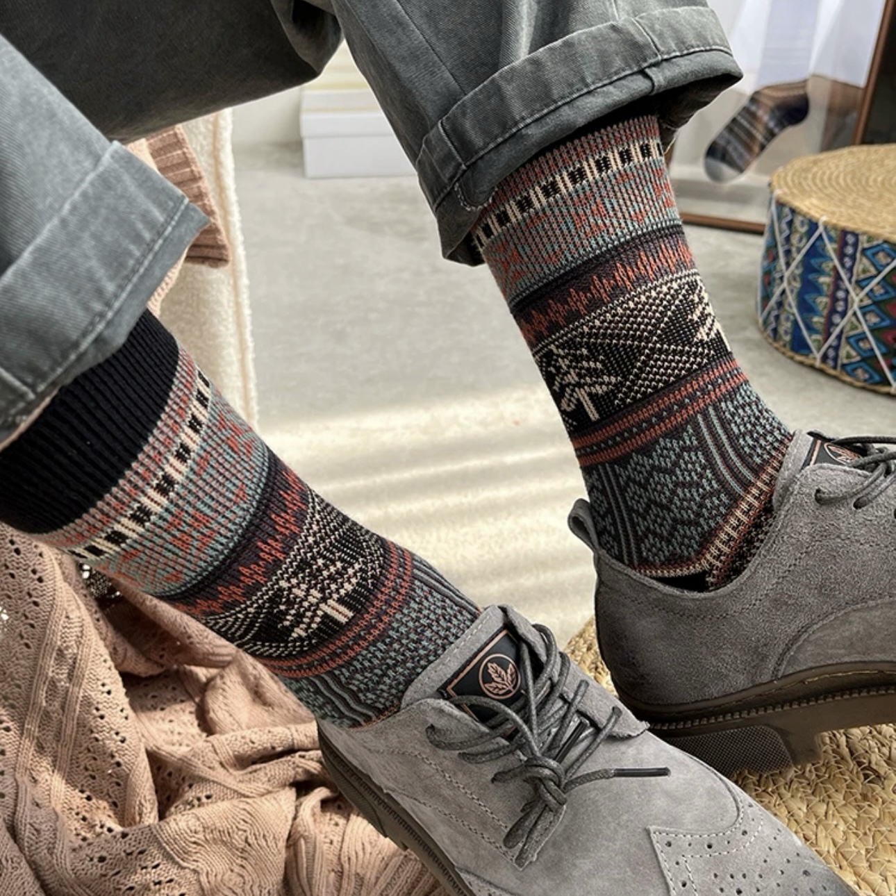 男士袜子无骨秋冬复古咔叽风男袜个性潮流双针工装无线头防臭棉袜