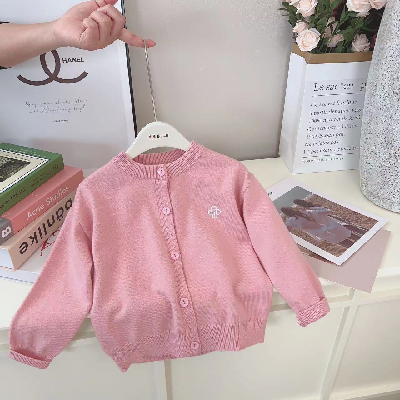 【现货】2025女童秋季新款薄款粉色圆领刺绣开衫-313