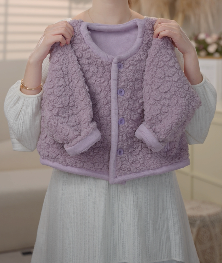 （现货）2025冬季女童紫色圆领百搭时尚羔羔毛加厚外套241028