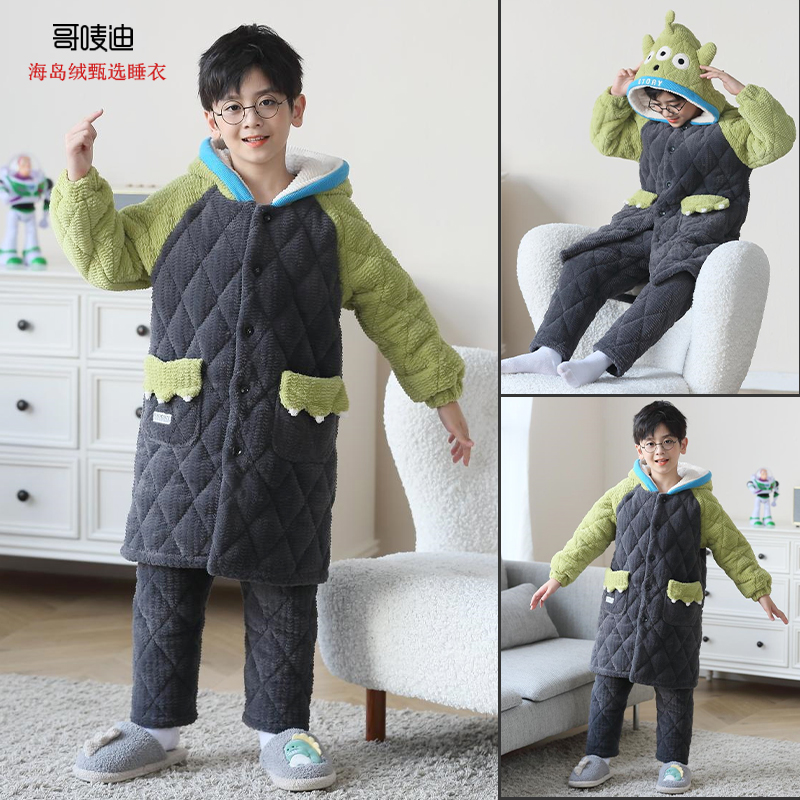 GERMYDDIY/哥唛迪儿童睡袍加厚加绒冬季三层夹棉男孩长款外穿套装
