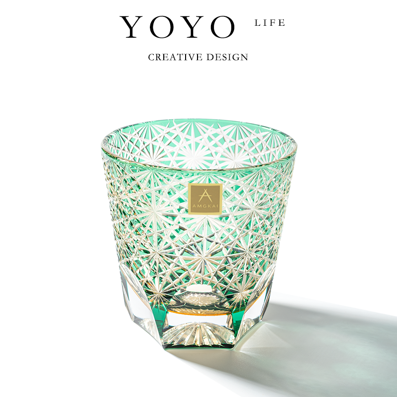 高档江户切子绿雏菊手工雕刻水晶玻璃杯威士忌酒杯烈酒杯轻奢家用