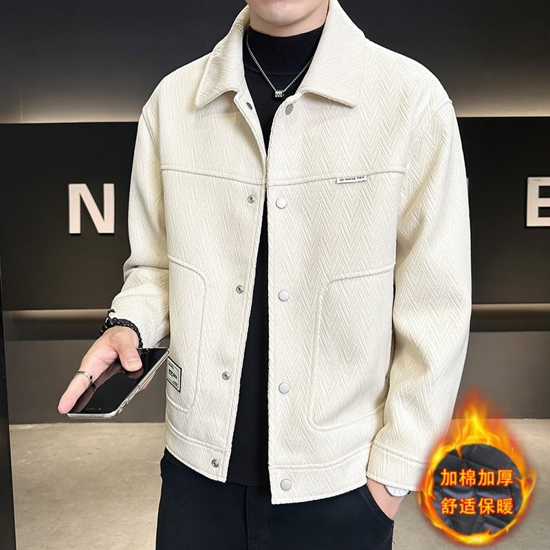加棉加厚欧密绒男士毛呢外套2024秋冬季帅气翻领夹克保暖修身短款