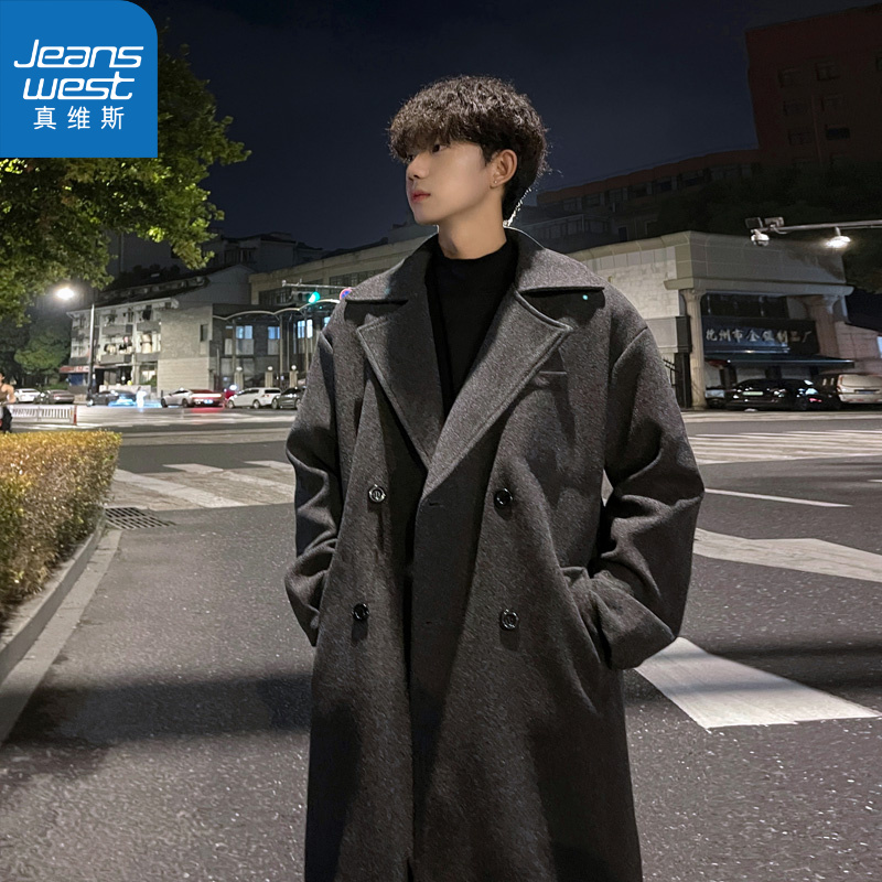 真维斯网红双排扣毛呢大衣男冬季韩版宽松英伦呢子风衣中长款外套