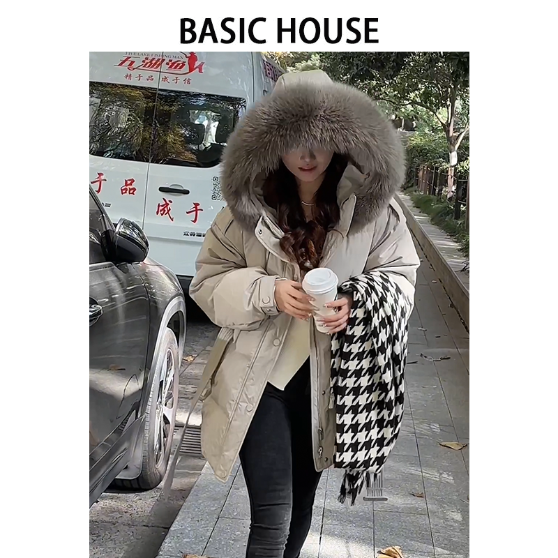 Basic House/百家好DQ冬季新款中长款90白鸭绒羽绒服女狐狸毛领
