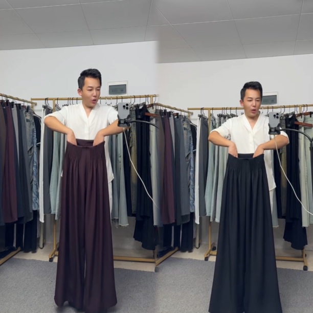 燕龙服饰原创16551定制加长设计感褶皱腰围阔腿裤高腰垂感休闲裤