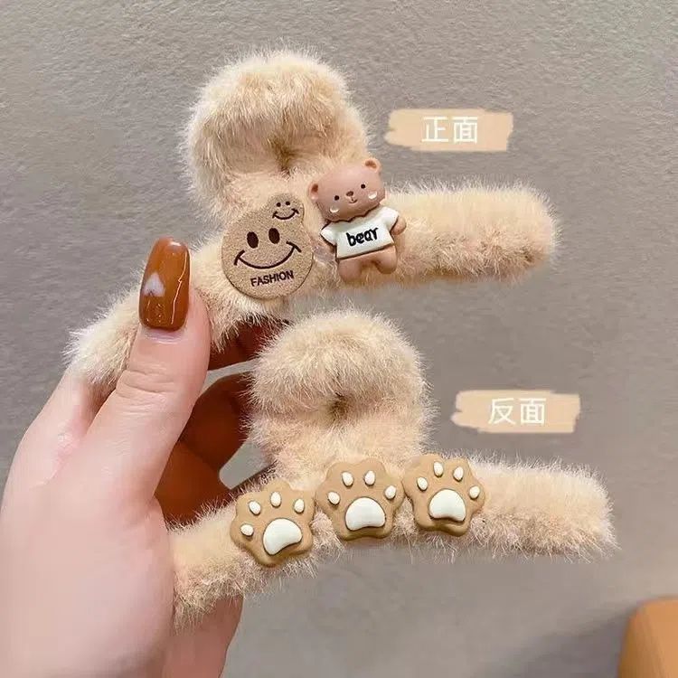 QR夹小熊卡通毛绒鲨鱼夹高颜值带毛抓夹大号中学生发卡夹新娘头饰