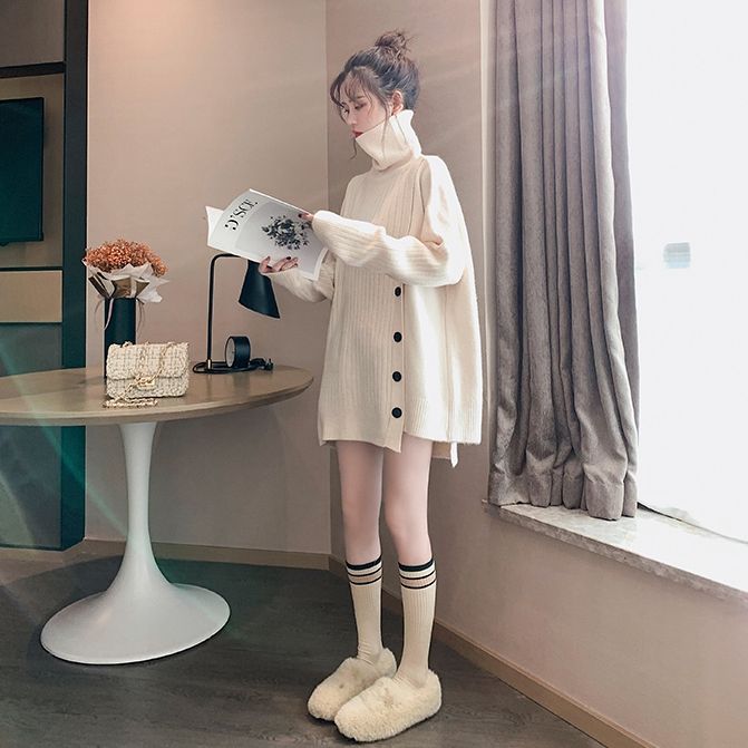 高领毛衣女2022春秋新款韩版宽松慵懒风外穿针织衫百搭色上衣潮W