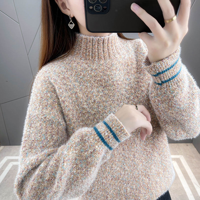 雪尼尔仿水貂绒毛衣2023年新款女装外穿宽松慵懒风半高领秋冬套头