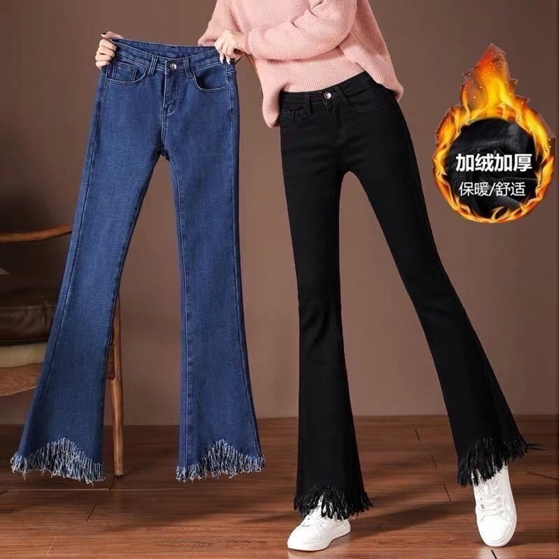 微喇叭裤女加绒加厚牛仔裤女2023冬季保暖高腰显瘦小个子微喇裤子