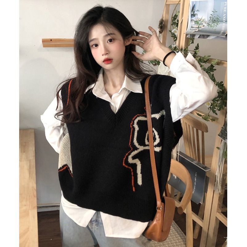 两件套装/秋季宽松叠穿小清新黑色v领提花针织马甲背心搭配衬衫女