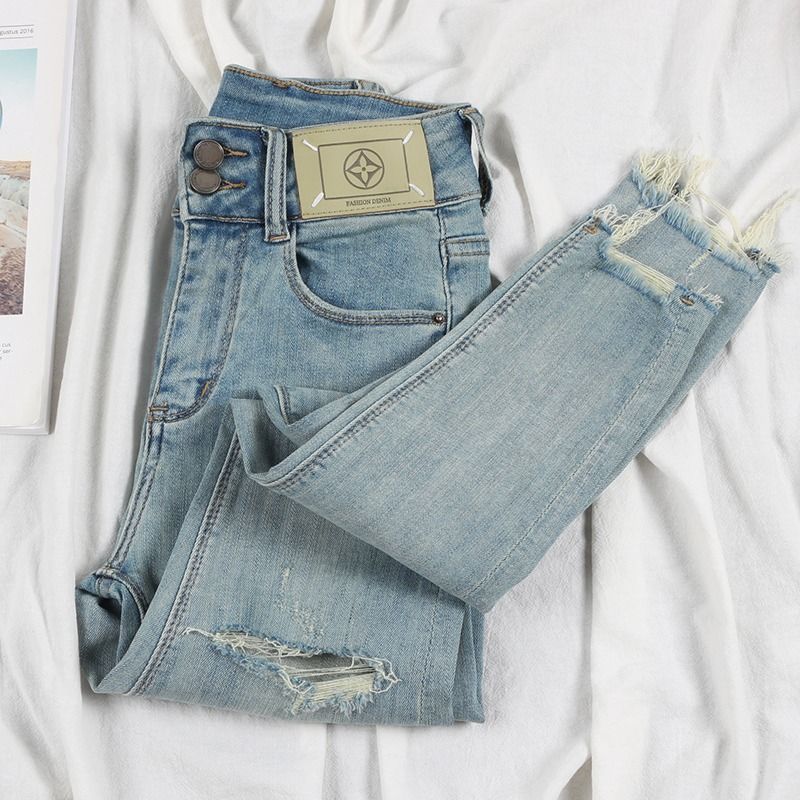 复古怀旧百搭夏季薄款破洞牛仔裤女新款弹力修身显瘦九分小脚裤子