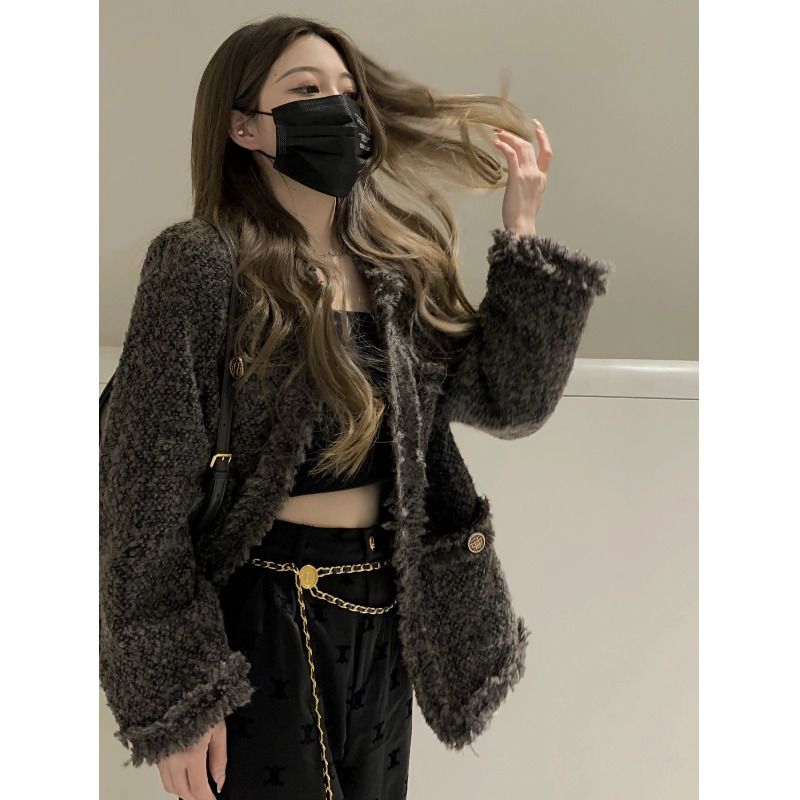 韩式小香风外套女秋冬季加厚2022新款法式高级感炸街开衫上衣W