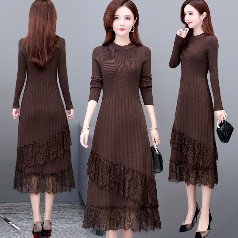 秋冬装2023年新款女配大衣的长款蕾丝毛衣裙过膝针织打底连衣裙潮