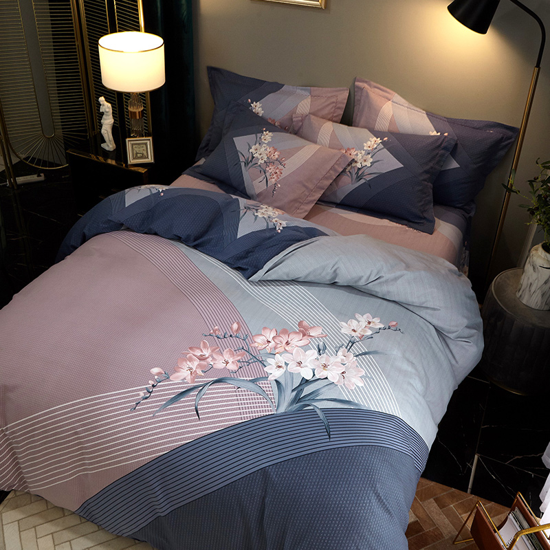 全棉加厚纯棉四件套磨毛四件套斜纹简约家纺床上用品印花床单被套