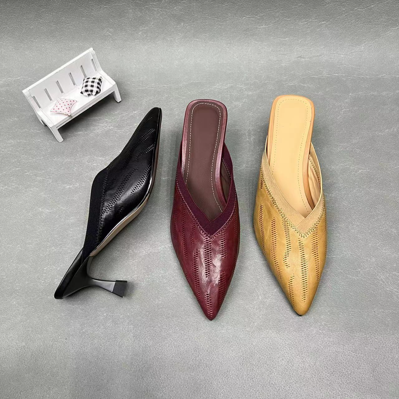 跟高5厘米A302-H676气质舒适百搭夏季高跟尖头羊皮包头外穿女拖鞋