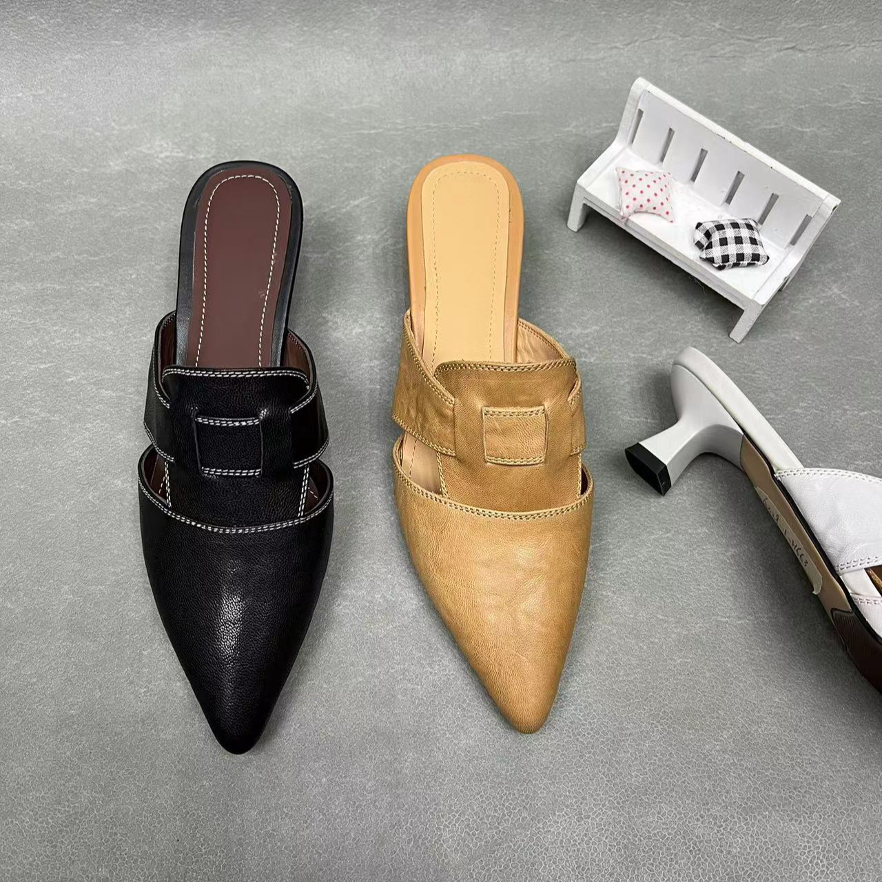 2025春夏拖鞋H663低跟尖头女士包头外穿时尚黑色镂空气质羊皮鞋子