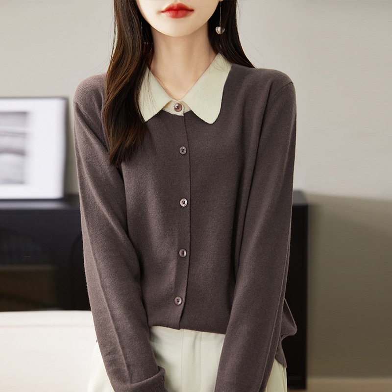 秋冬100全羊毛开衫女衬衫领拼接色羊毛开衫加厚羊毛衫宽松外套