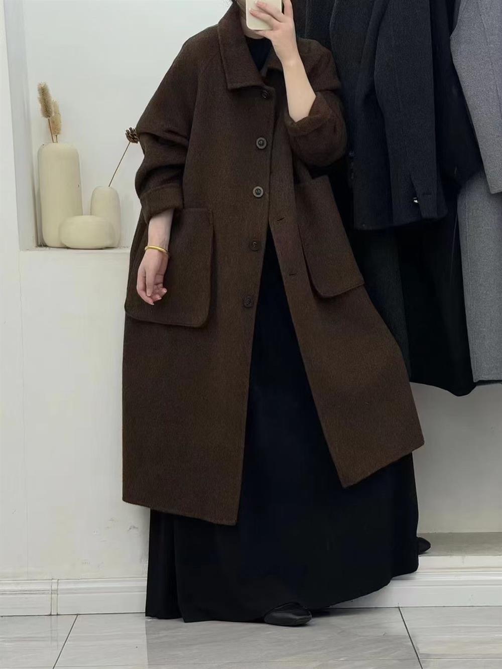 宽松廓形慵懒风小方领双面呢羊毛大衣女2024秋冬松弛感气质外套