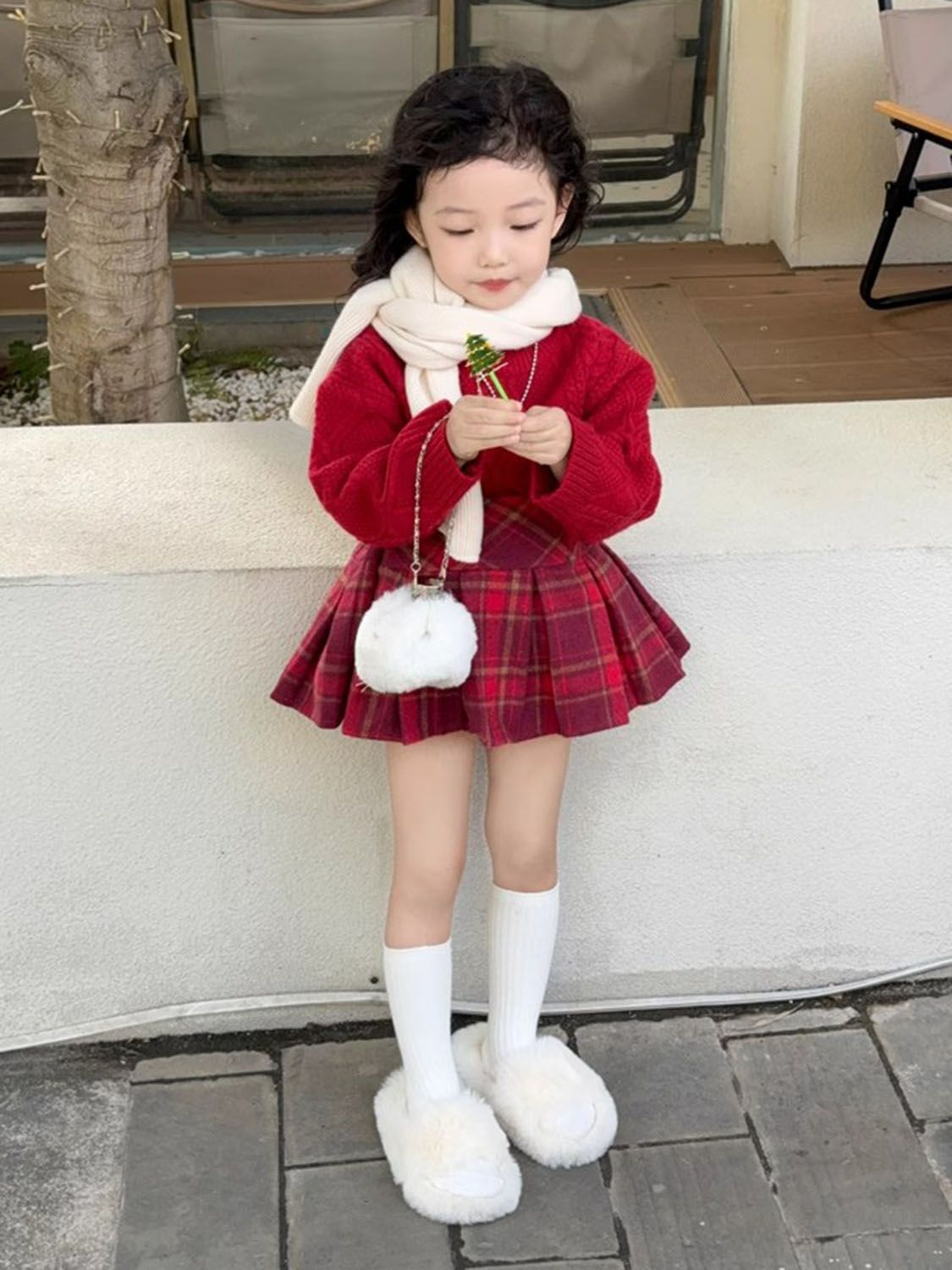 韩版女童2023秋冬新款圣诞新年红色针织毛衣女宝宝洋气上衣百褶裙
