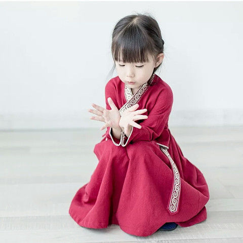 儿童汉服小女孩唐装棉麻套装春夏古装幼儿宝宝长袖套装