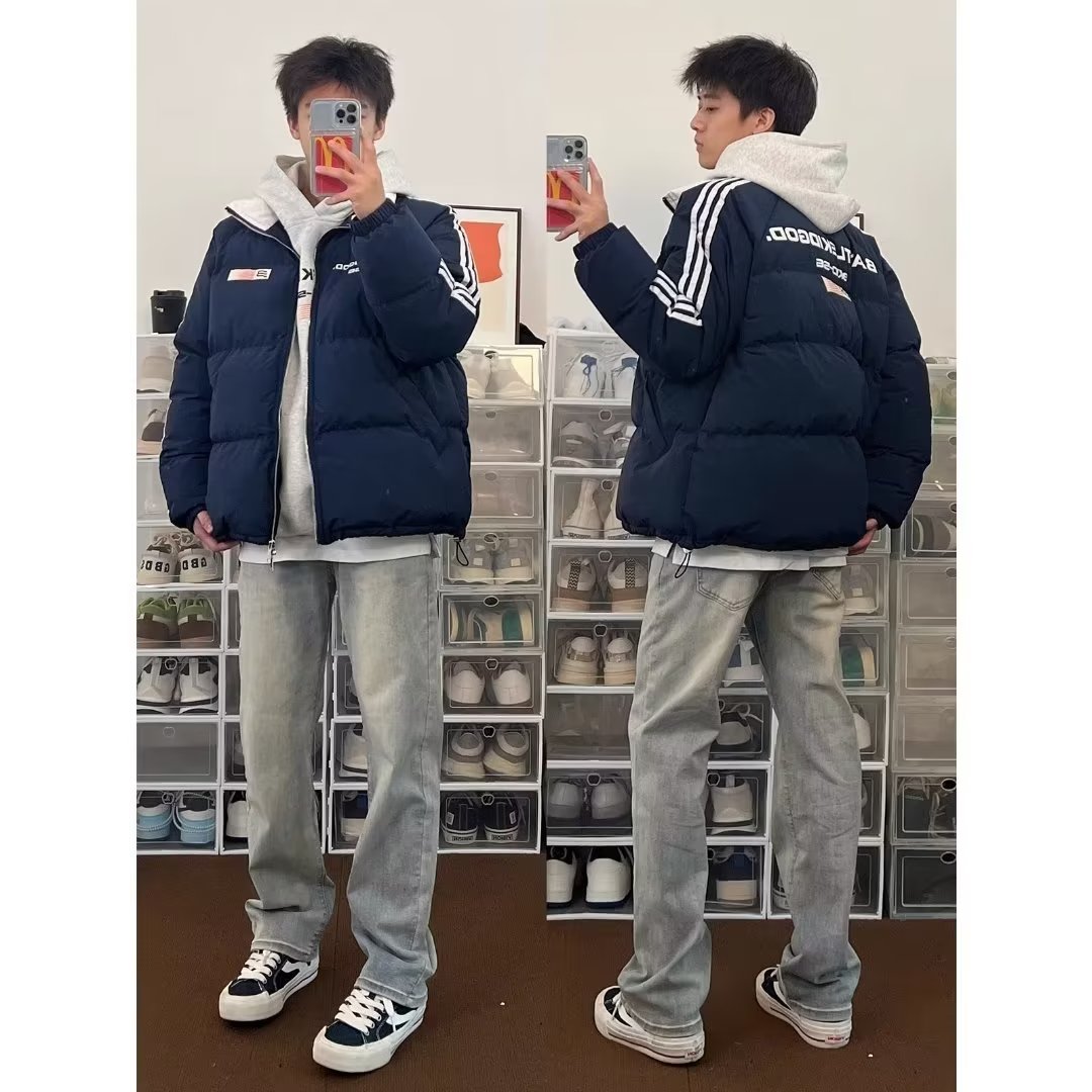 国潮美式百搭条纹旗帜棉服男女外套冬季新款加厚面包服学院风潮流