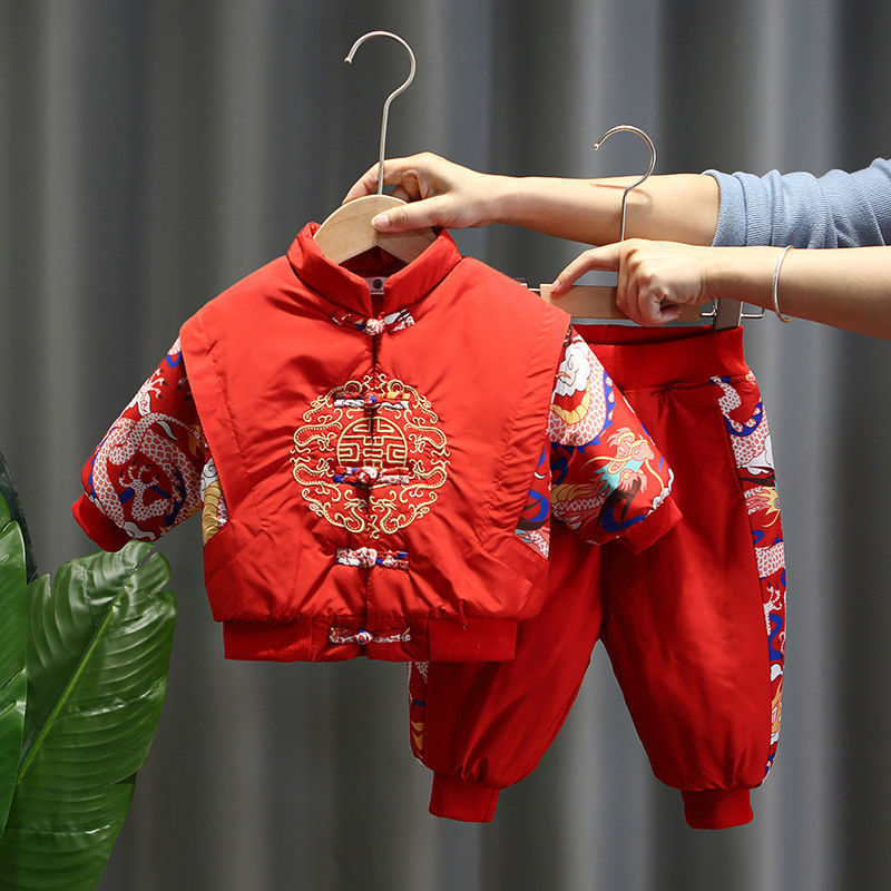男童加厚两件套中国风冬季婴幼儿拜年服周岁拜年礼服儿童加绒套装