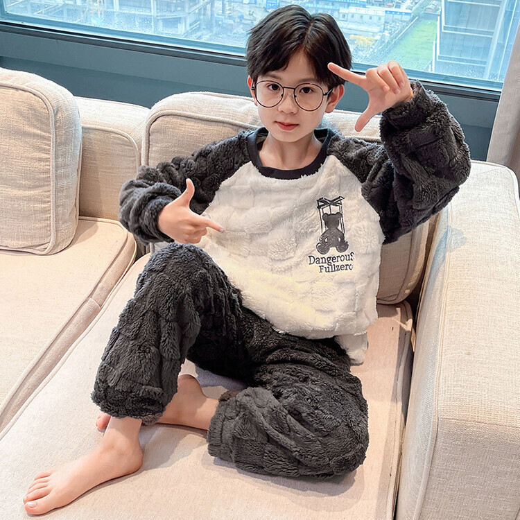 2023年中大童新款休闲运动韩版潮牌双面绒家居服保暖睡衣