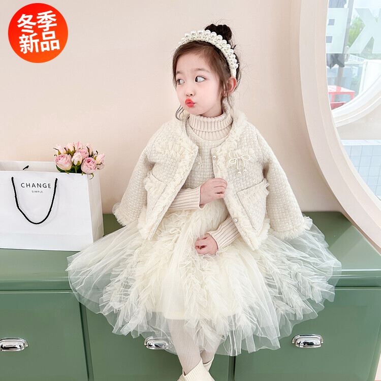 2023冬加绒名媛风套装小香风洋气范外套女童网纱背心裙元旦两件套