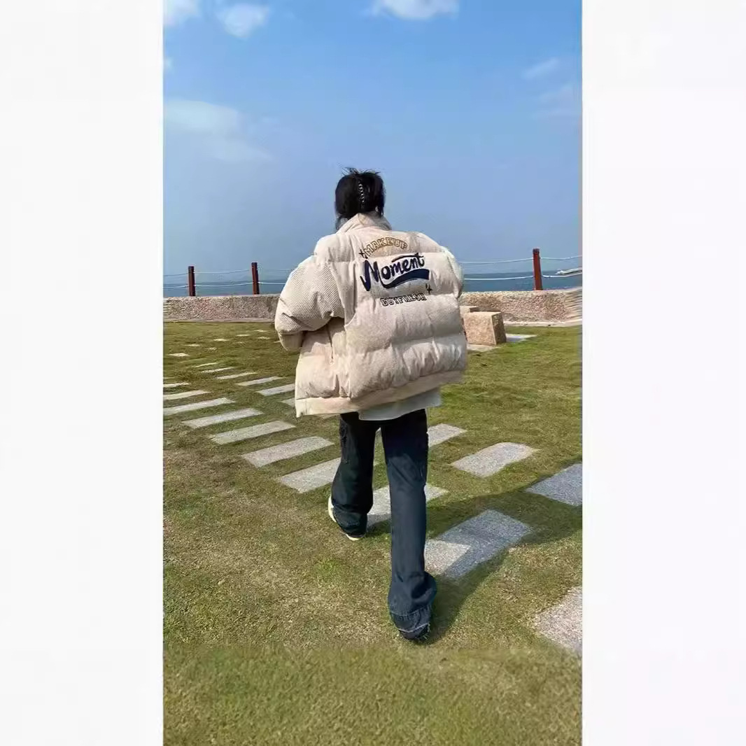 美式复古刺绣灯芯绒棉衣外套男女ins宽松加厚面包服情侣立领棉服