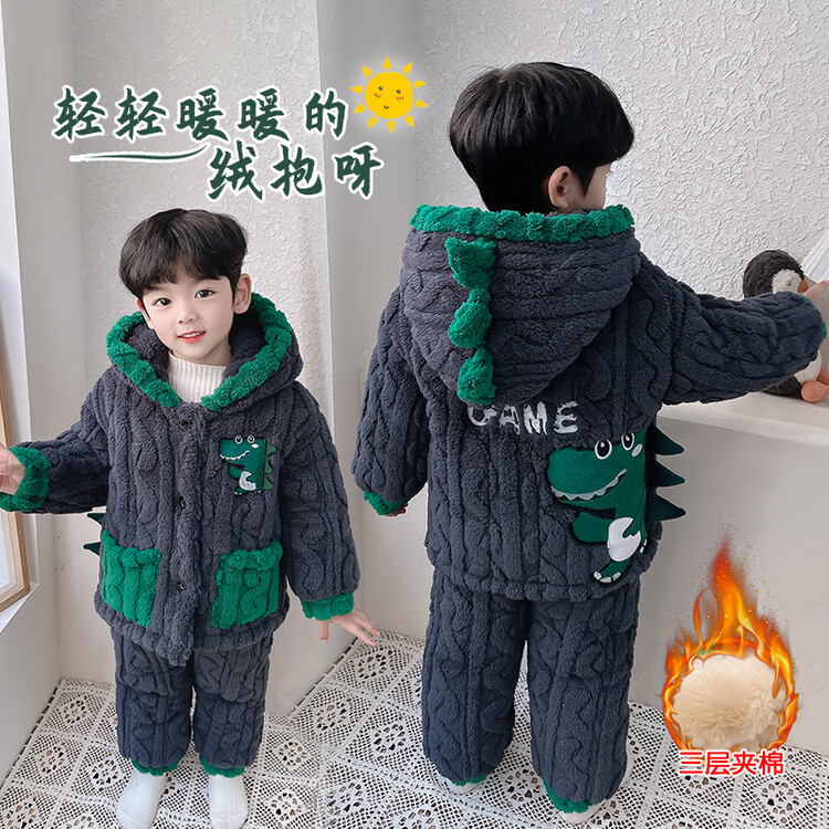 儿童睡衣秋冬季加厚款加绒珊瑚绒三层夹棉男童连帽大眼恐龙套装