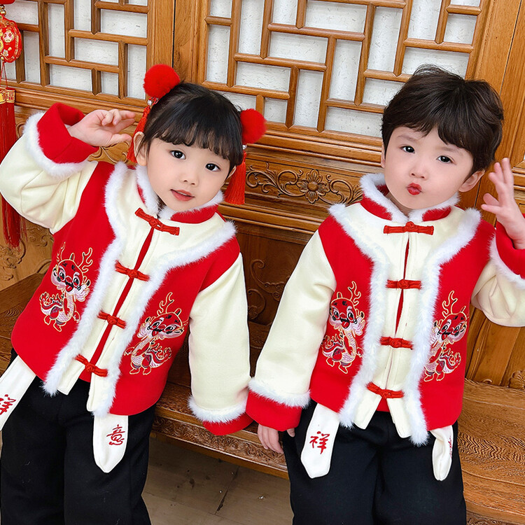 男童女童拜年服加绒加厚儿童男孩宝宝过年新年衣服唐装中国风国潮