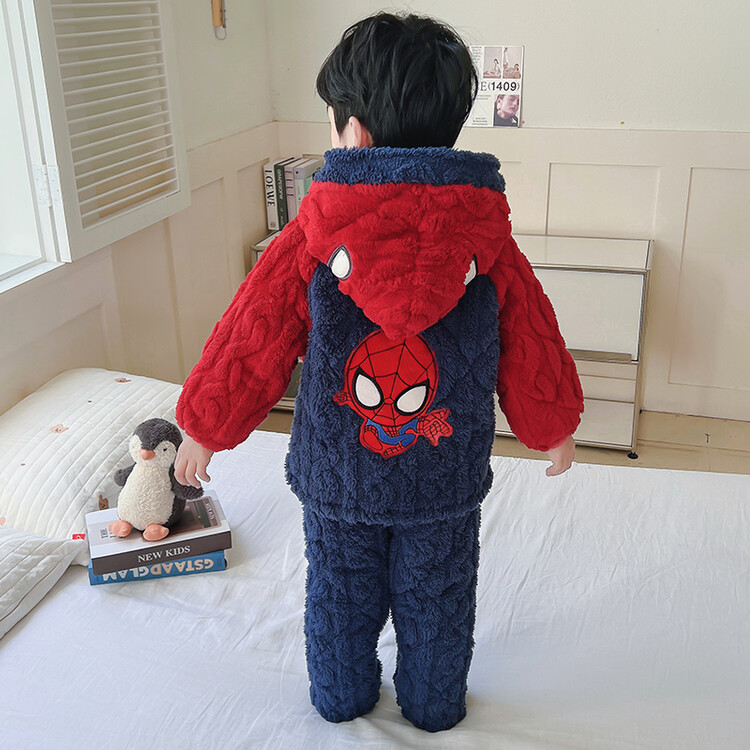 儿童睡衣男童冬季加绒加厚款三层夹棉珊瑚绒家居服宝宝法兰绒套装