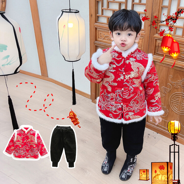 男童拜年服汉服2024新款男宝宝周岁礼服过年服大红色加绒唐装女孩