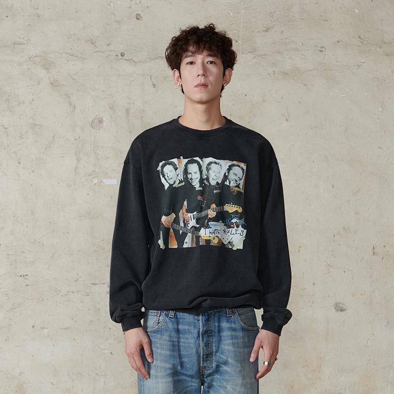 【5折】UARIED METALLICA乐队人像炒色做旧水洗圆领套头卫衣宽松男