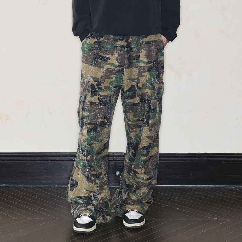 UARIED美式复古重磅做旧迷彩裤破坏宽松休闲直筒廓形工装长裤秋冬