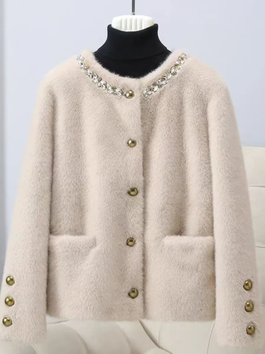 清高品质法式毛毛皮毛一体圆领外套女百搭时尚短款冬设计款上衣