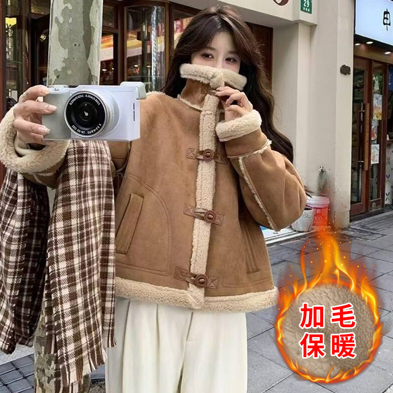 清 高品质宽松皮毛一体羊羔绒机车外套短款秋款新款毛绒外套